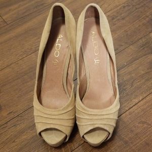 Suede platform peep toe heels